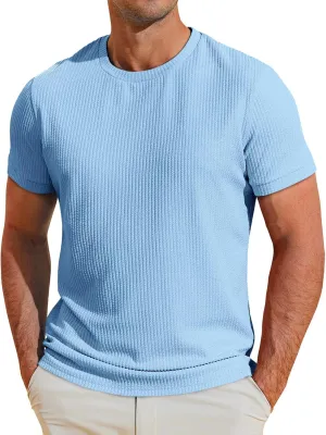 Runcati Mens Short Sleeve T Shirts Casual Crewneck Ribbed Knit Tee Tops Slim Fit Basic Stretch Summer Shirt