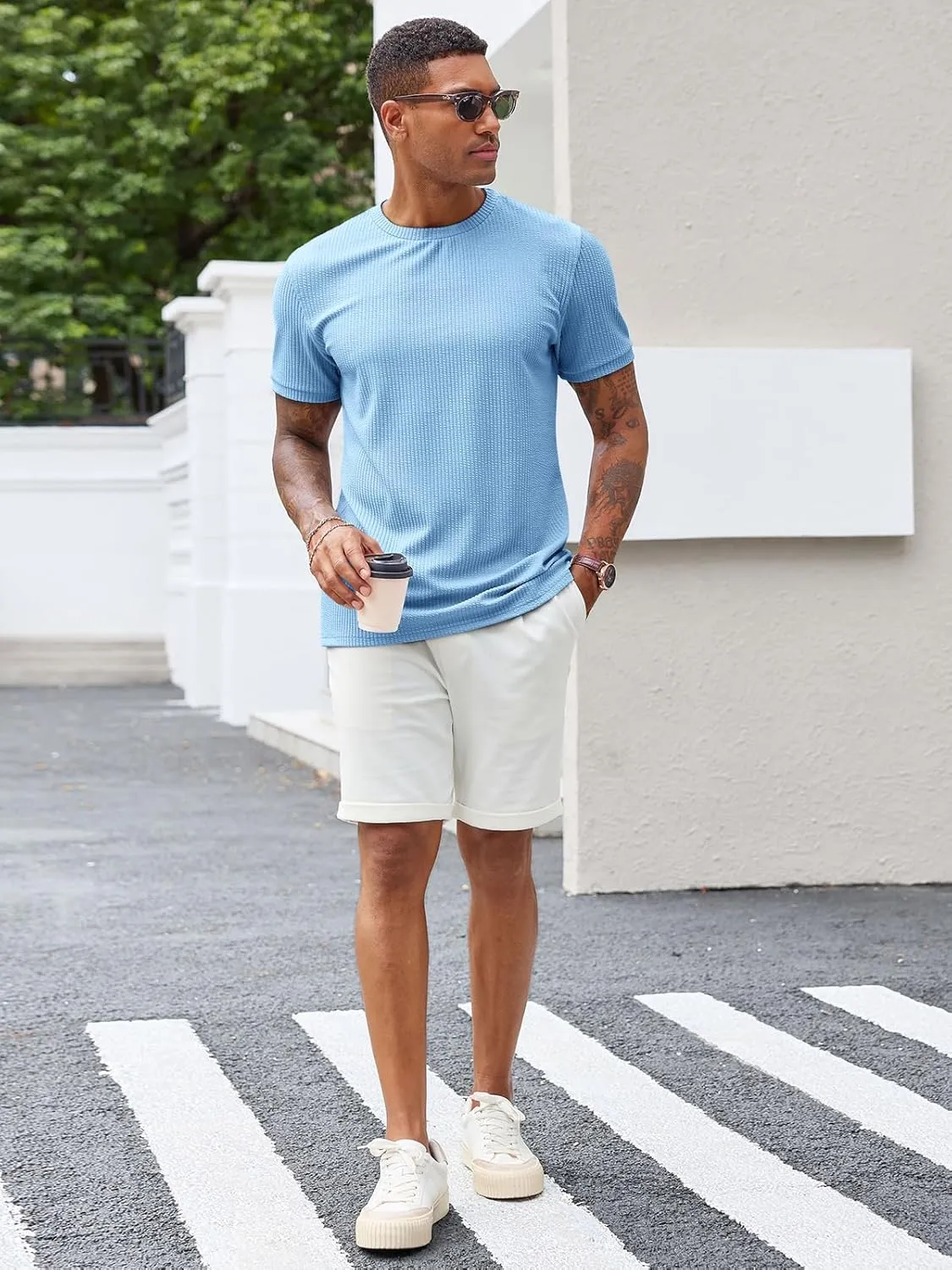 Runcati Mens Short Sleeve T Shirts Casual Crewneck Ribbed Knit Tee Tops Slim Fit Basic Stretch Summer Shirt