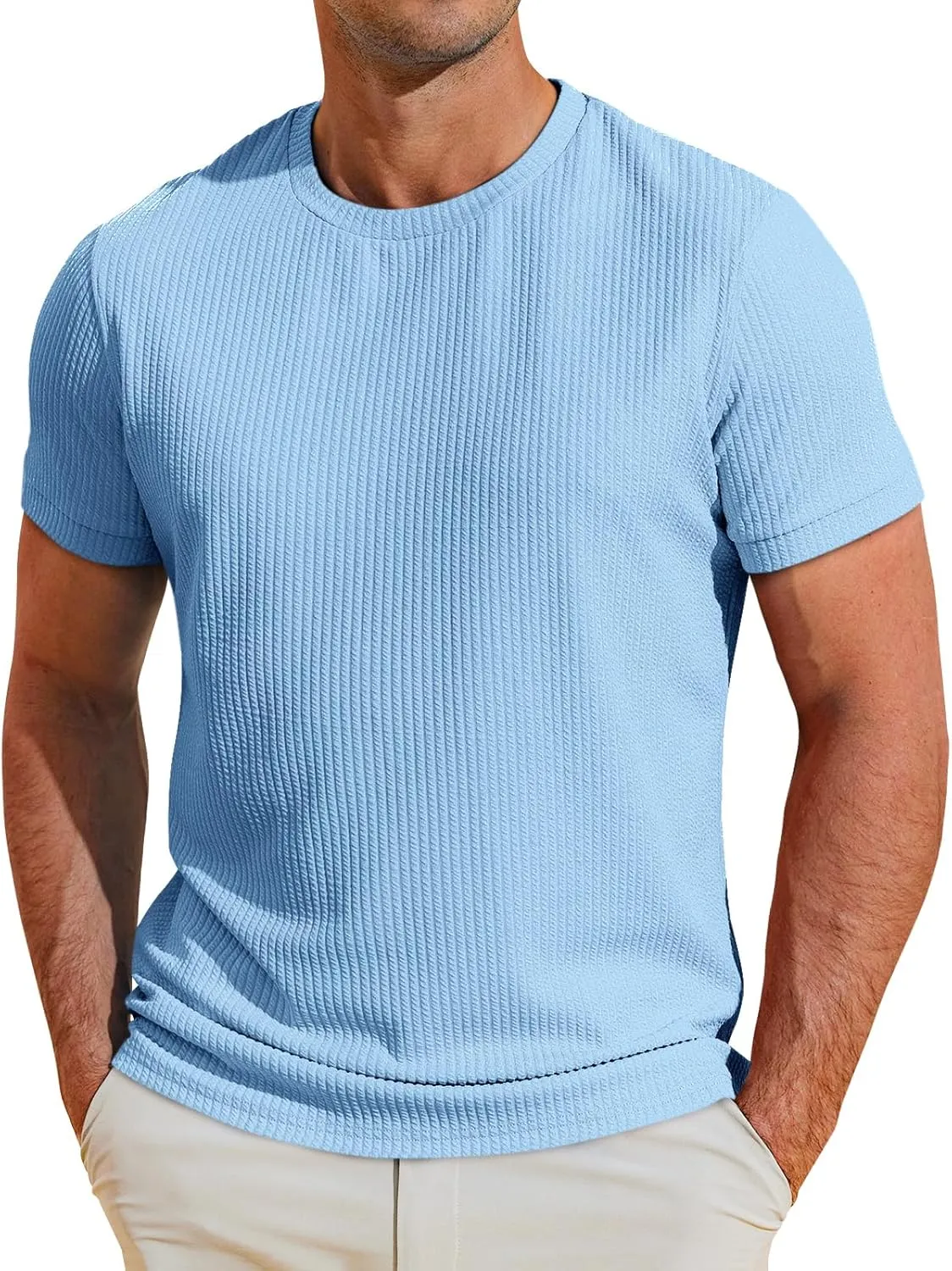 Runcati Mens Short Sleeve T Shirts Casual Crewneck Ribbed Knit Tee Tops Slim Fit Basic Stretch Summer Shirt