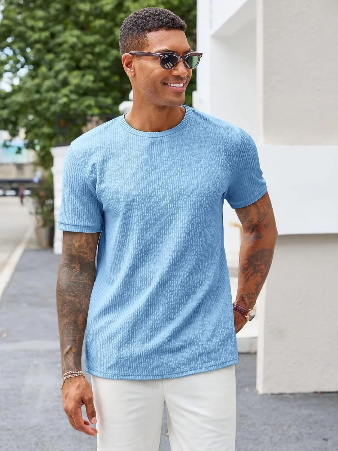 Runcati Mens Short Sleeve T Shirts Casual Crewneck Ribbed Knit Tee Tops Slim Fit Basic Stretch Summer Shirt