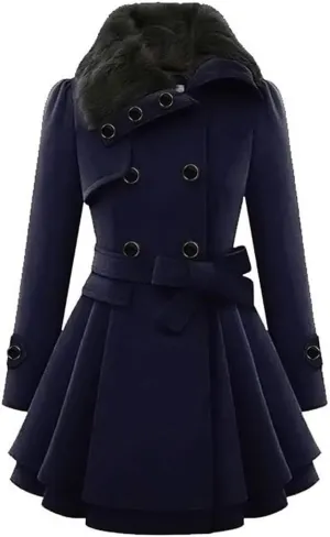 SACFOF Women's Faux Fur Lapel Double Breasted Thick Wool Trench Pea Coat Long Sleeve Winter Warm Jacket with Belt
