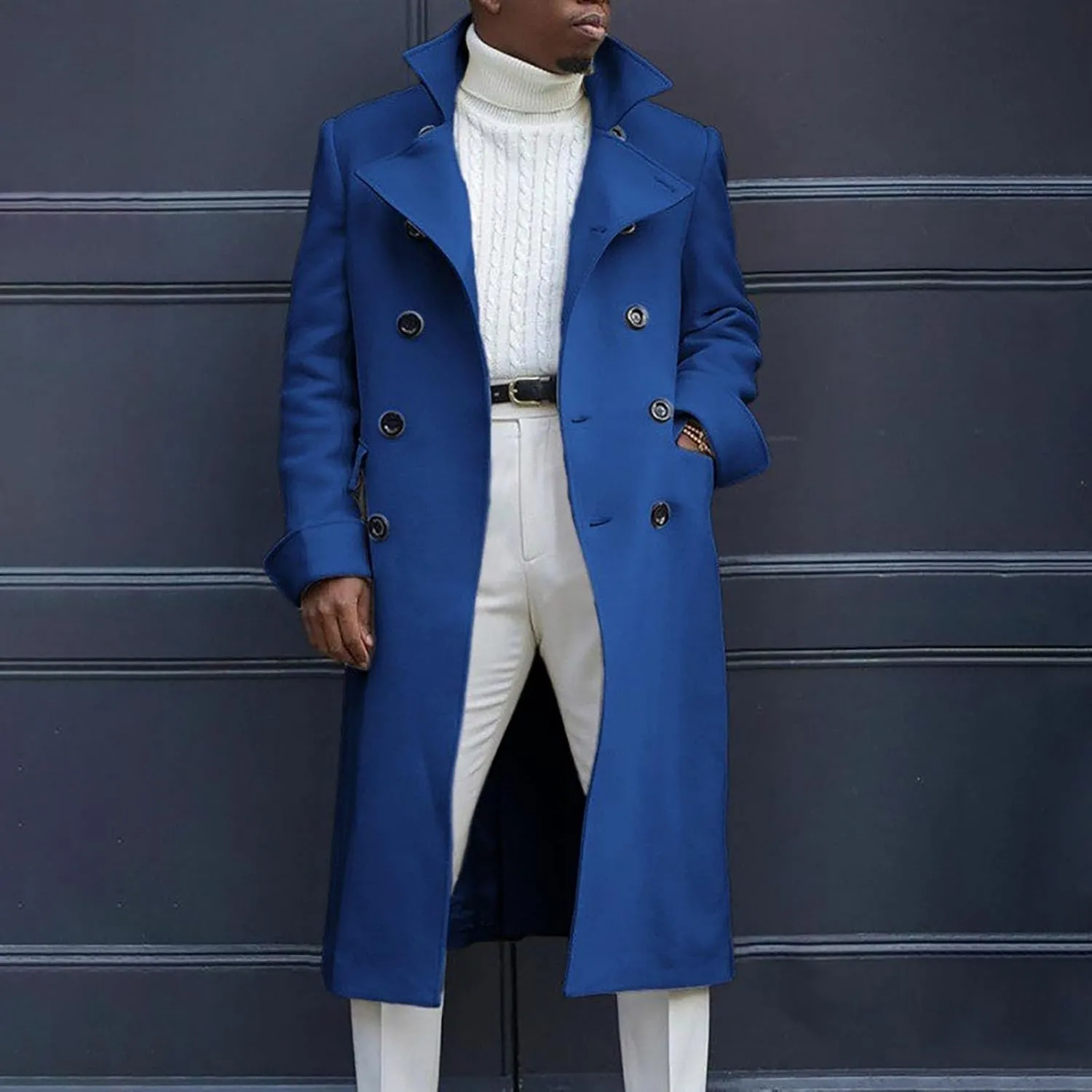 SAMST Mens Trench Coat Wool Blend Long Coat Double Breasted Pea Coat Casual Slim Fit Jacket Warm Winter Overcoat with Pocket