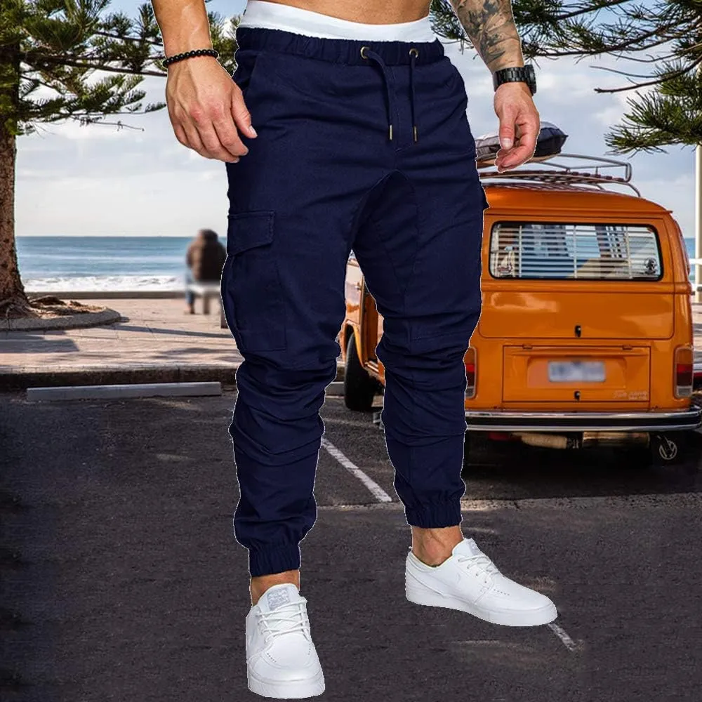 sandbank Men's Jogger Pants Multi Pocket Casual Pants Low Waist Solid Trousers Stretch Slim Fit Sports Cargo Pants