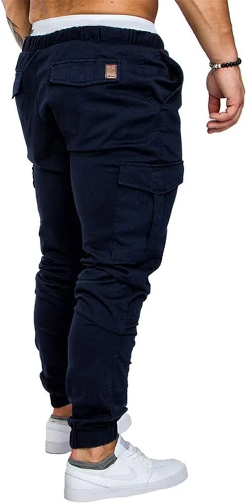sandbank Men's Jogger Pants Multi Pocket Casual Pants Low Waist Solid Trousers Stretch Slim Fit Sports Cargo Pants