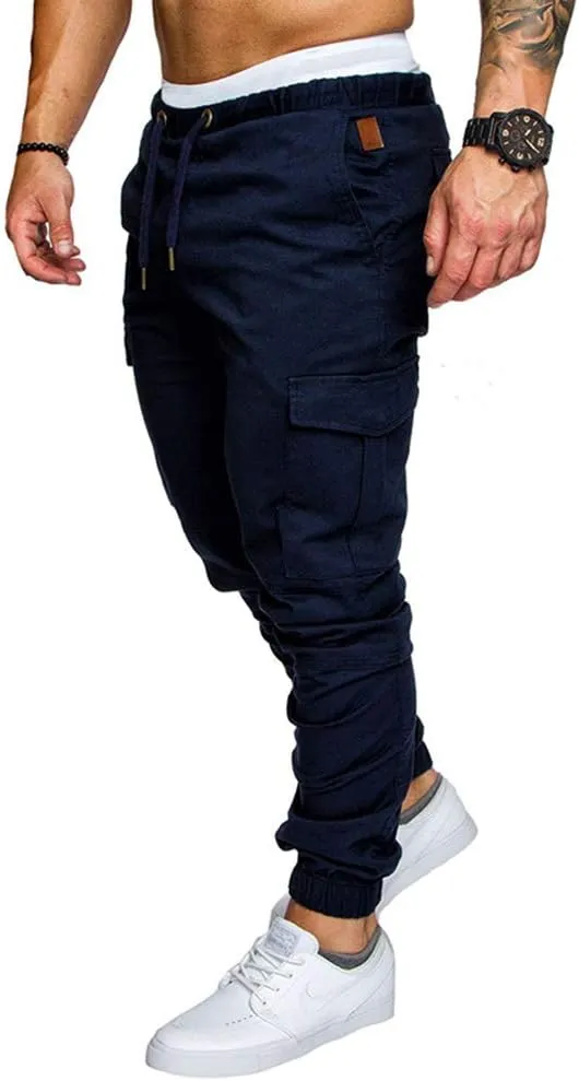 sandbank Men's Jogger Pants Multi Pocket Casual Pants Low Waist Solid Trousers Stretch Slim Fit Sports Cargo Pants