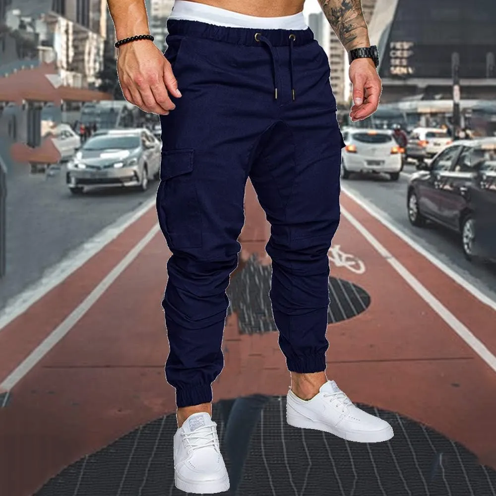 sandbank Men's Jogger Pants Multi Pocket Casual Pants Low Waist Solid Trousers Stretch Slim Fit Sports Cargo Pants