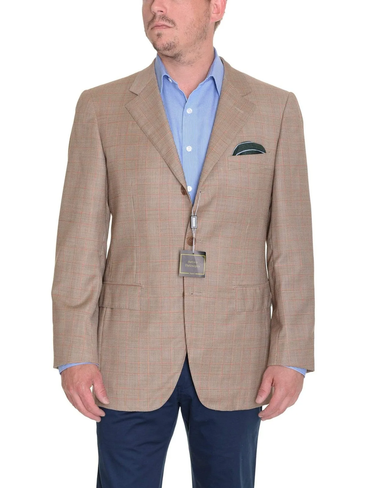 Sartoria Partenopea Italy 40R 50 Light Brown Glen Plaid Canvassed Wool Sportcoat