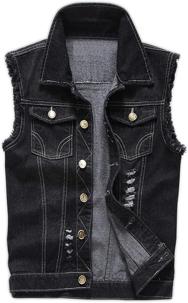 Saukiee Men's Casual Lapel Denim Vest Jacket Vintage Slim Fit Sleeveless Ripped Jeans Vests