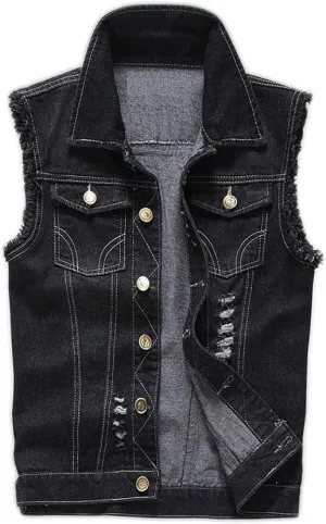 Saukiee Men's Casual Lapel Denim Vest Jacket Vintage Slim Fit Sleeveless Ripped Jeans Vests