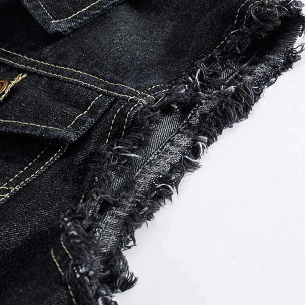 Saukiee Men's Casual Lapel Denim Vest Jacket Vintage Slim Fit Sleeveless Ripped Jeans Vests