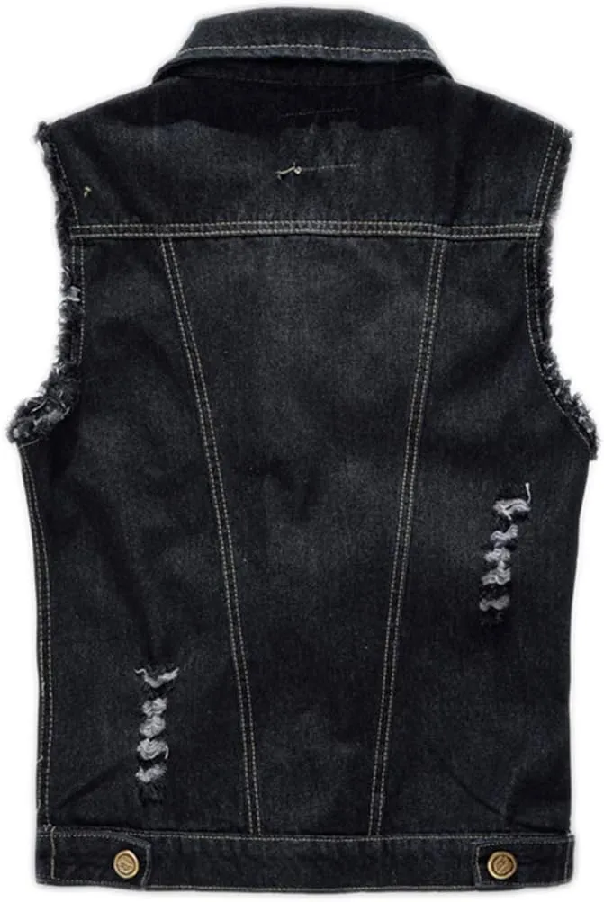 Saukiee Men's Casual Lapel Denim Vest Jacket Vintage Slim Fit Sleeveless Ripped Jeans Vests