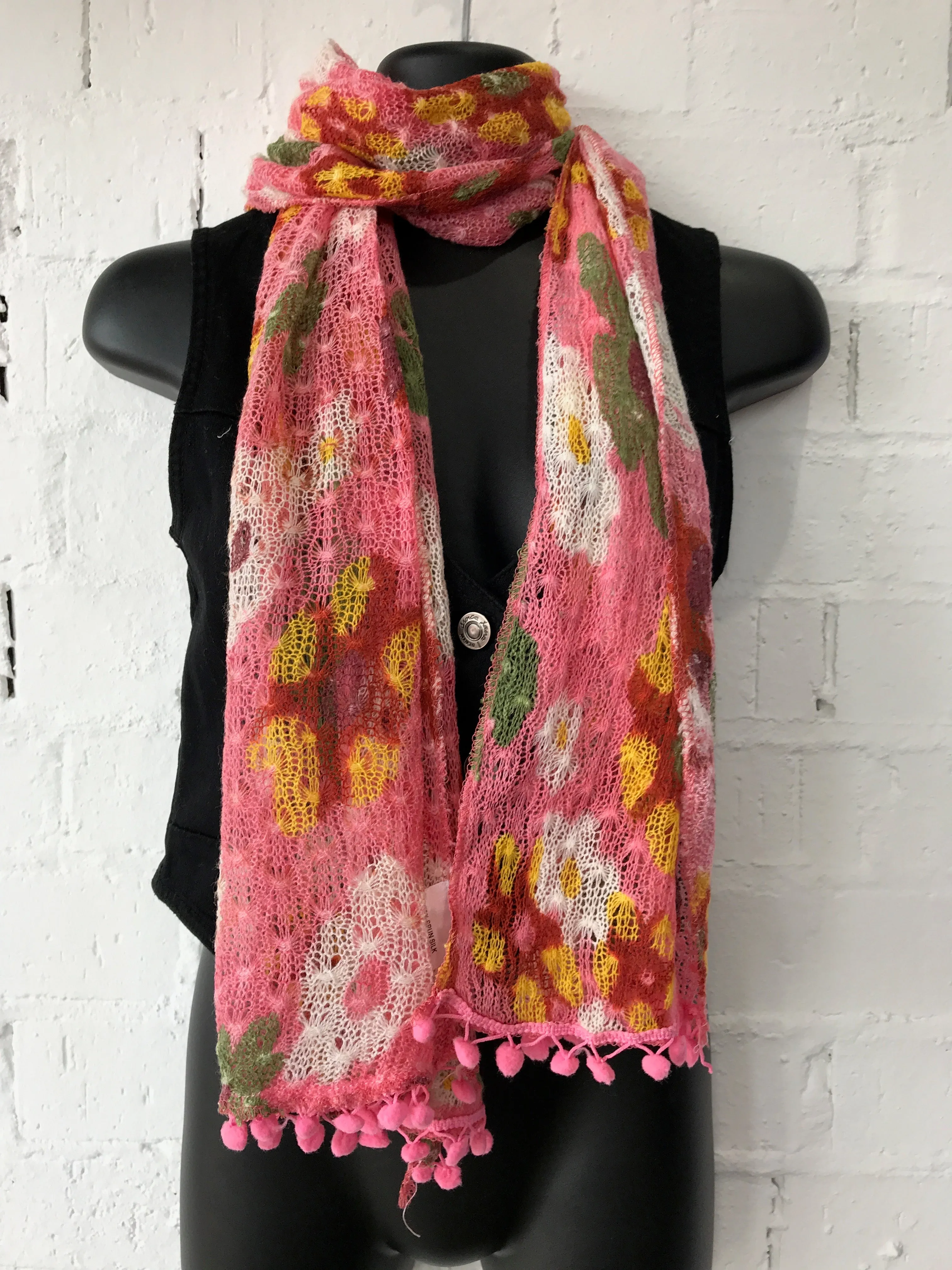 Scarf  Floral Woven Scarf with Pom Poms