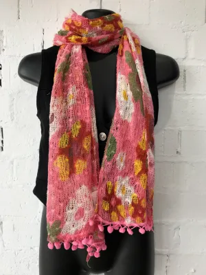Scarf  Floral Woven Scarf with Pom Poms