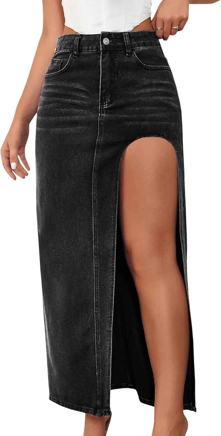 SEMATOMALA Women's Thigh High Split Maxi Denim Skirt High Waisted Cut Out High Low Asymmetrical Jeans Long Skirts