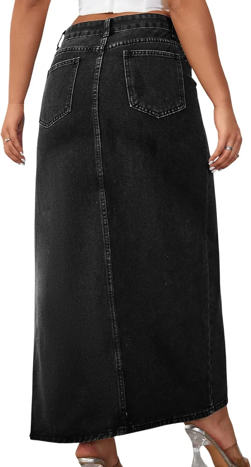 SEMATOMALA Women's Thigh High Split Maxi Denim Skirt High Waisted Cut Out High Low Asymmetrical Jeans Long Skirts