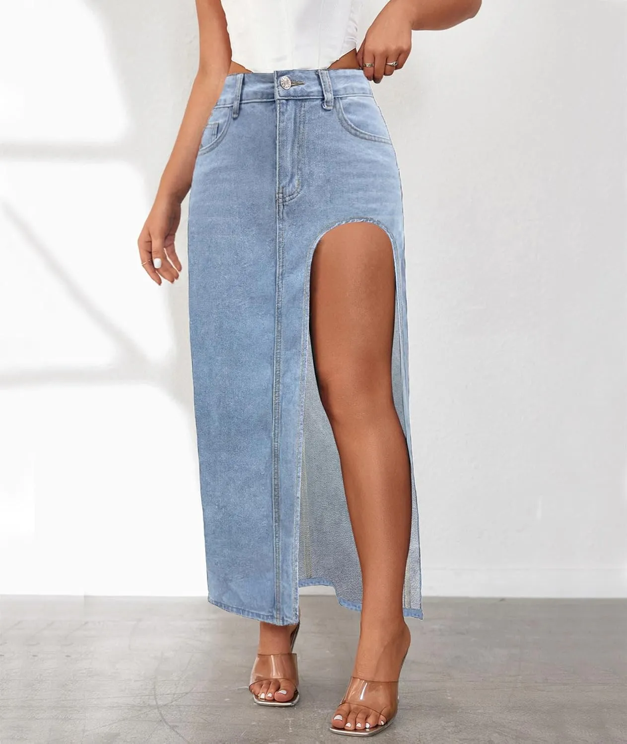 SEMATOMALA Women's Thigh High Split Maxi Denim Skirt High Waisted Cut Out High Low Asymmetrical Jeans Long Skirts