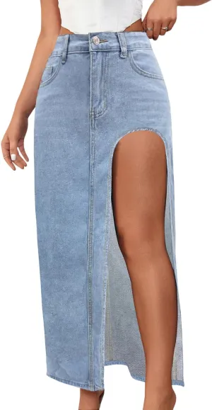 SEMATOMALA Women's Thigh High Split Maxi Denim Skirt High Waisted Cut Out High Low Asymmetrical Jeans Long Skirts