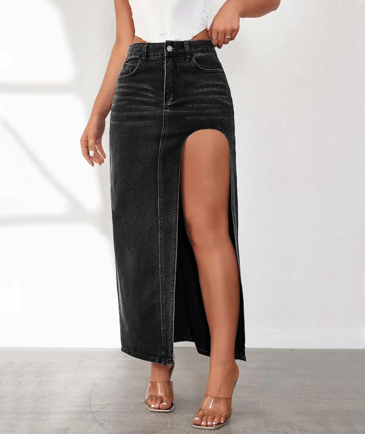 SEMATOMALA Women's Thigh High Split Maxi Denim Skirt High Waisted Cut Out High Low Asymmetrical Jeans Long Skirts