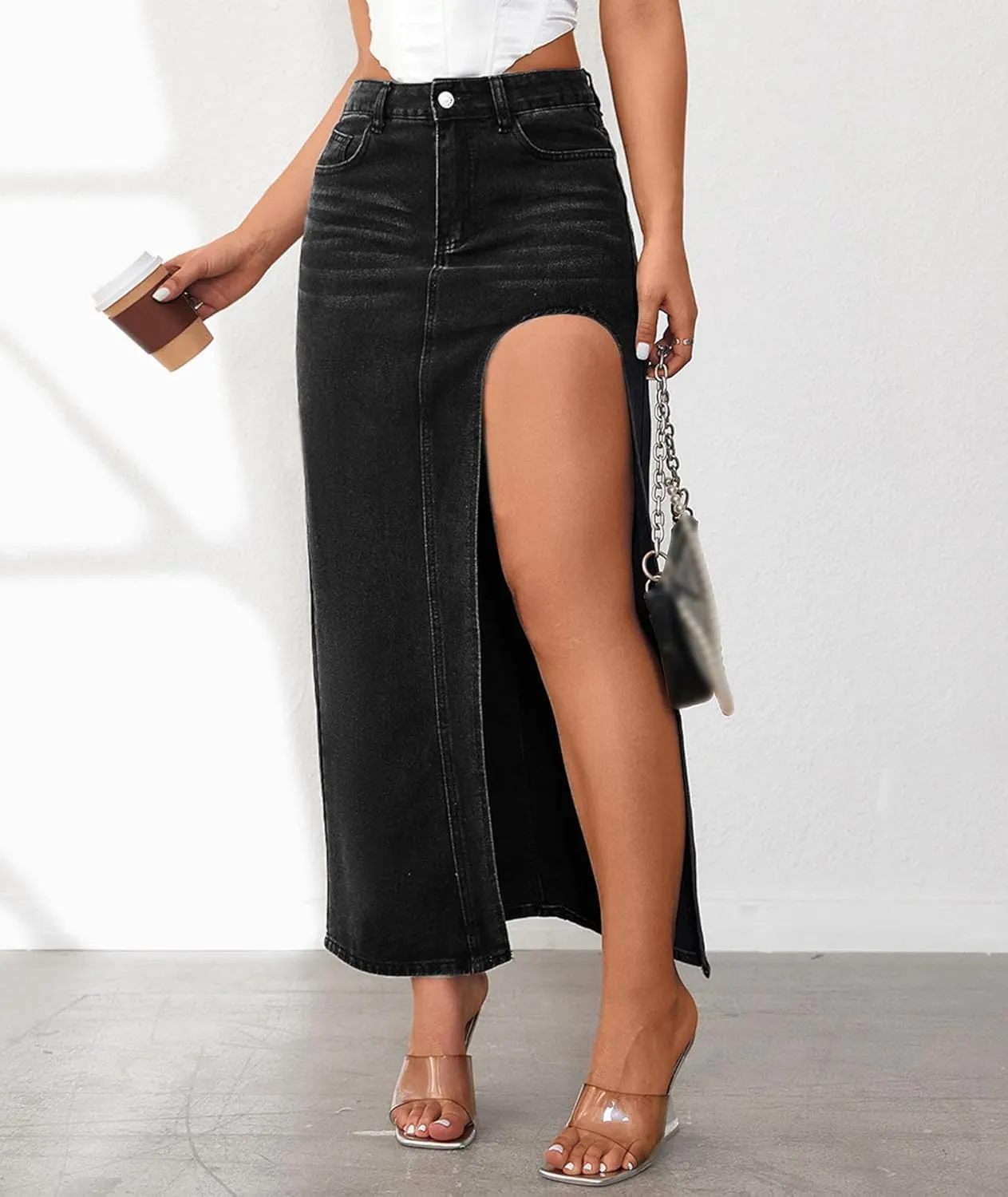 SEMATOMALA Women's Thigh High Split Maxi Denim Skirt High Waisted Cut Out High Low Asymmetrical Jeans Long Skirts