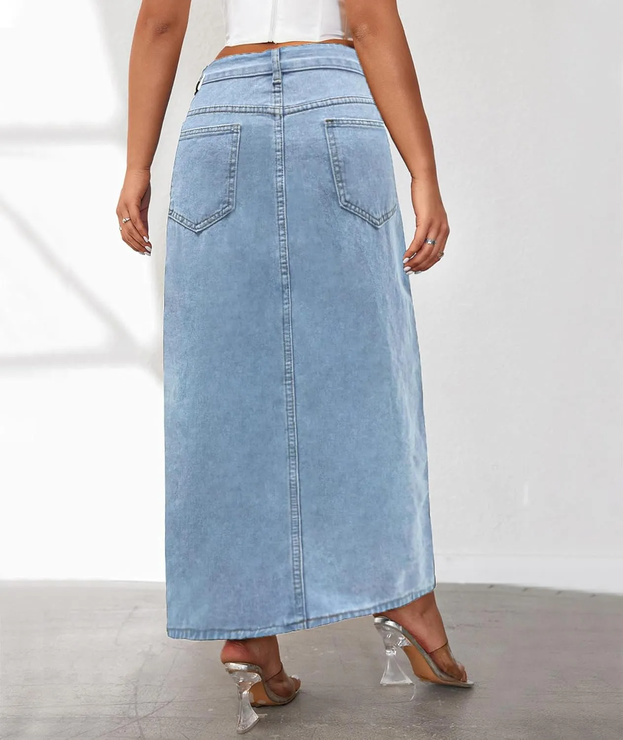 SEMATOMALA Women's Thigh High Split Maxi Denim Skirt High Waisted Cut Out High Low Asymmetrical Jeans Long Skirts