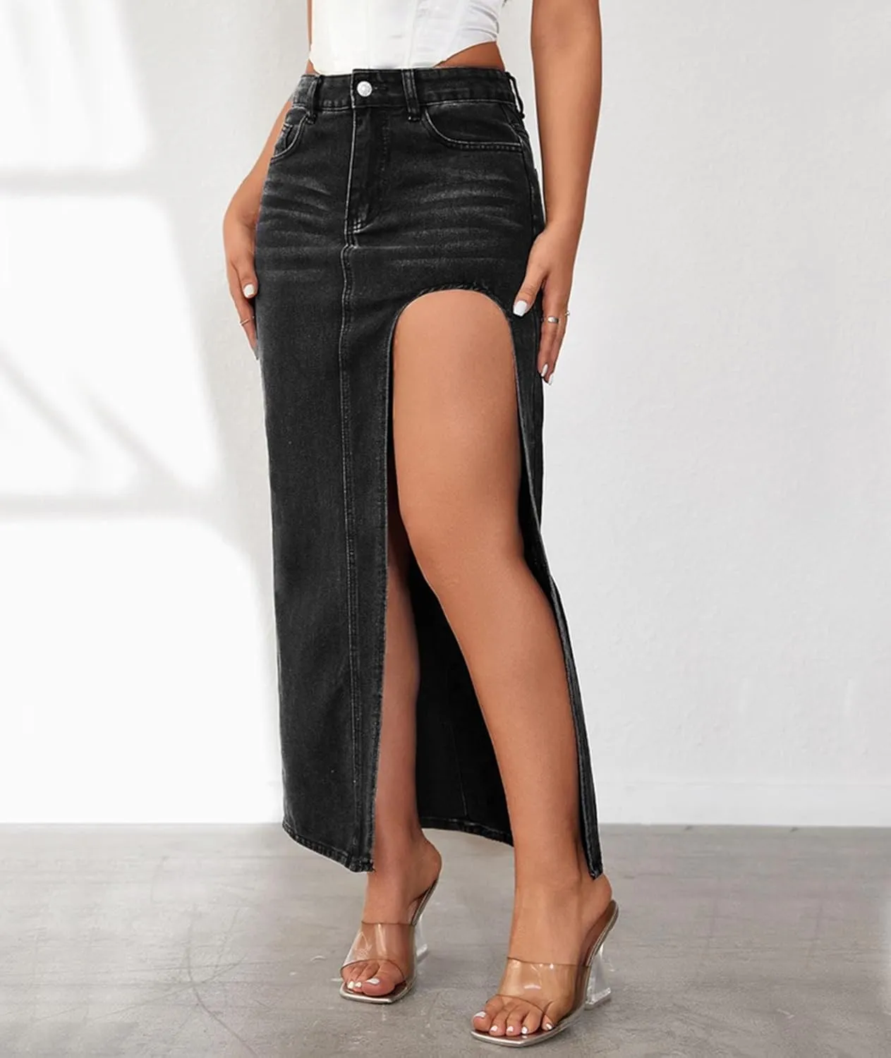 SEMATOMALA Women's Thigh High Split Maxi Denim Skirt High Waisted Cut Out High Low Asymmetrical Jeans Long Skirts