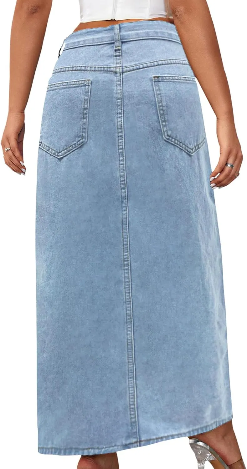 SEMATOMALA Women's Thigh High Split Maxi Denim Skirt High Waisted Cut Out High Low Asymmetrical Jeans Long Skirts