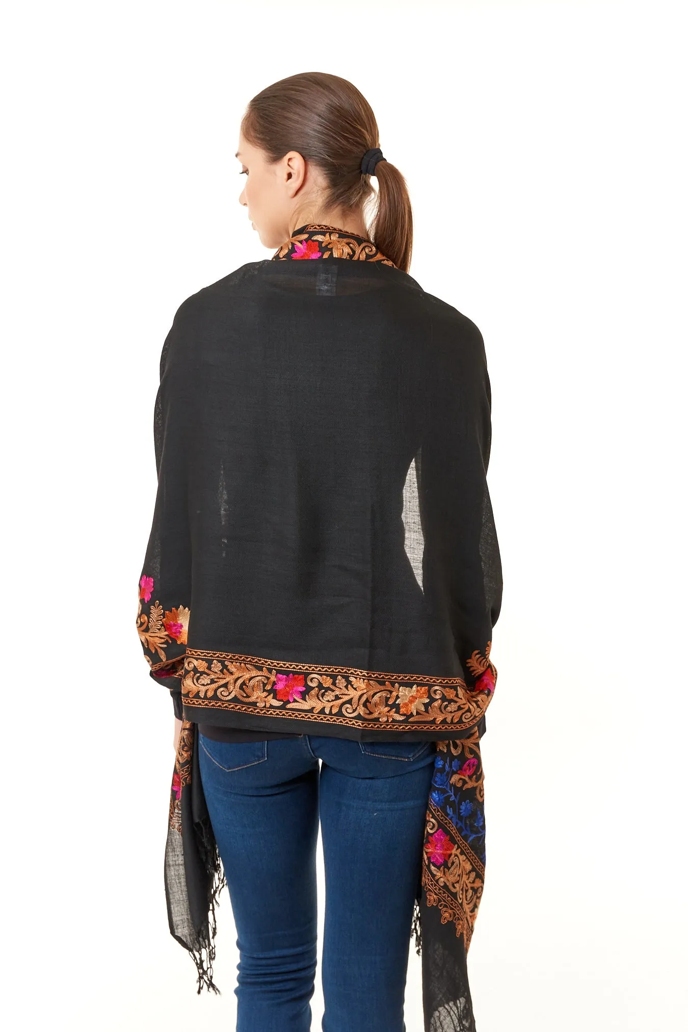 Sevya Handmade, Taj hand embroidered wool shawl 28x72