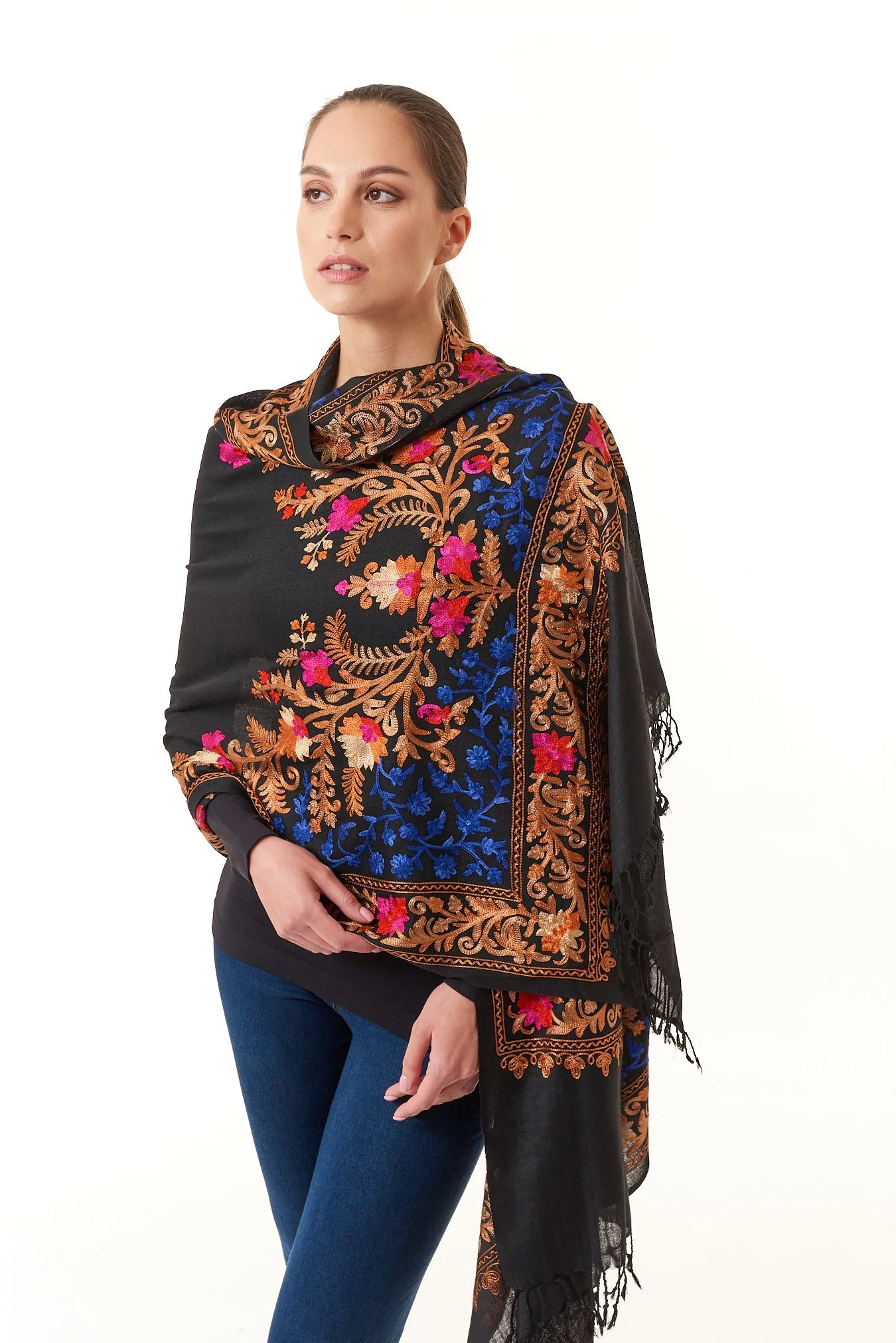 Sevya Handmade, Taj hand embroidered wool shawl 28x72