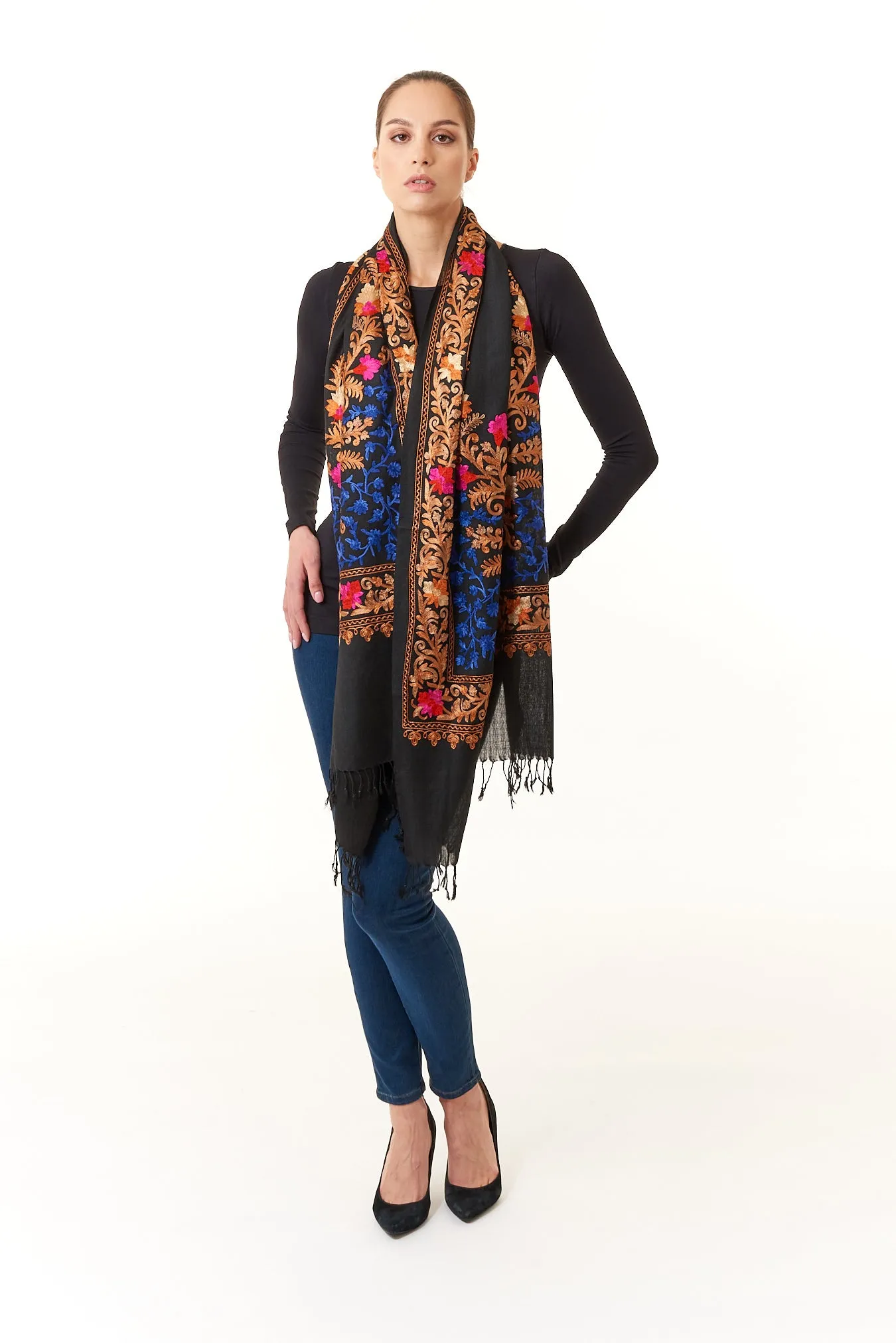 Sevya Handmade, Taj hand embroidered wool shawl 28x72
