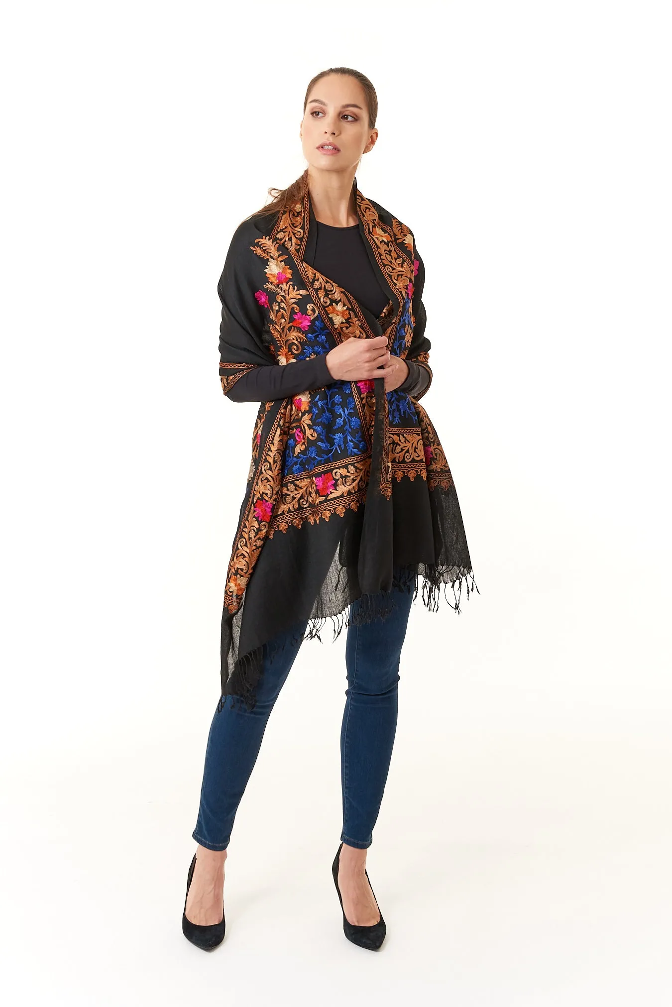 Sevya Handmade, Taj hand embroidered wool shawl 28x72