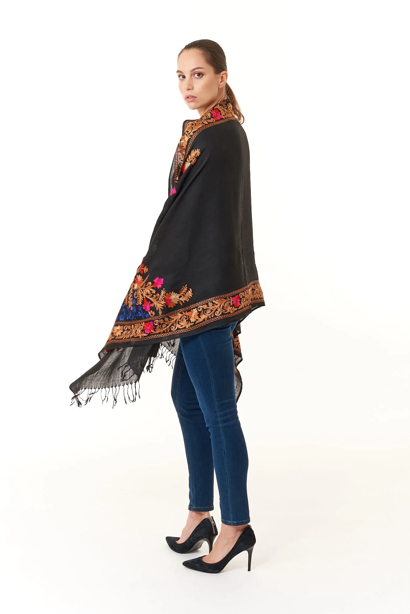 Sevya Handmade, Taj hand embroidered wool shawl 28x72