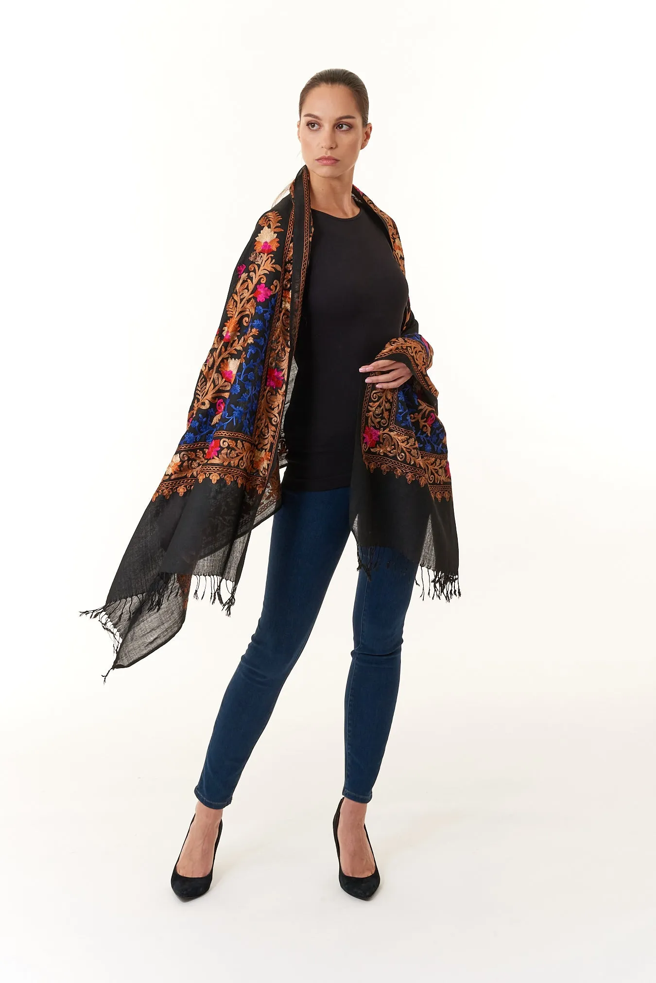 Sevya Handmade, Taj hand embroidered wool shawl 28x72