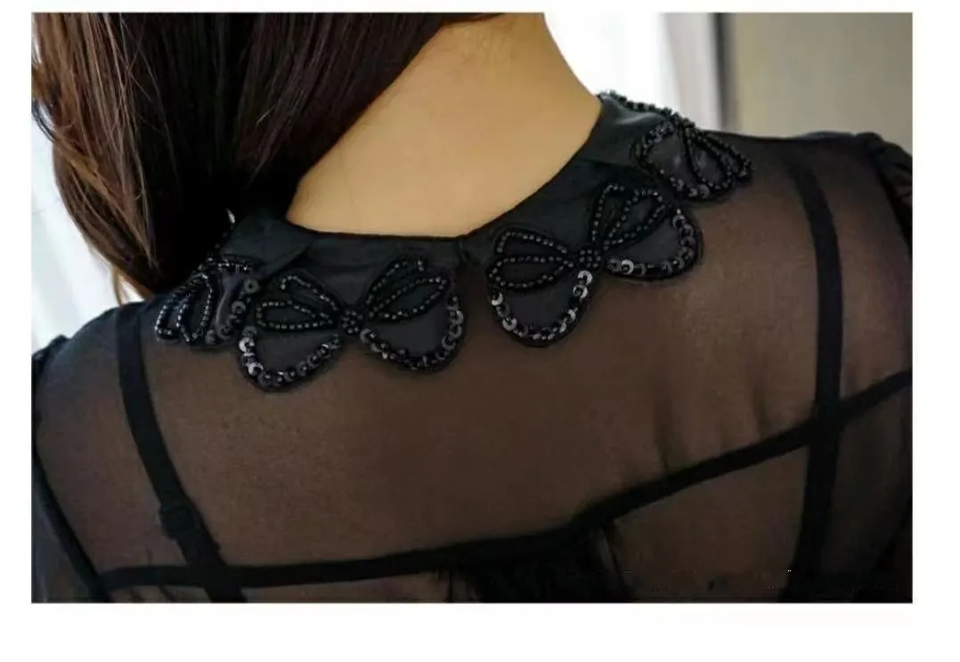 Sheer Lace Chiffon Detailed Collar Top