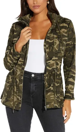 SheKiss Womens Camouflage Shacket Jacket Coats Fashion Fall Long Sleeve Zipper Canvas Camo Jackets with Pockets