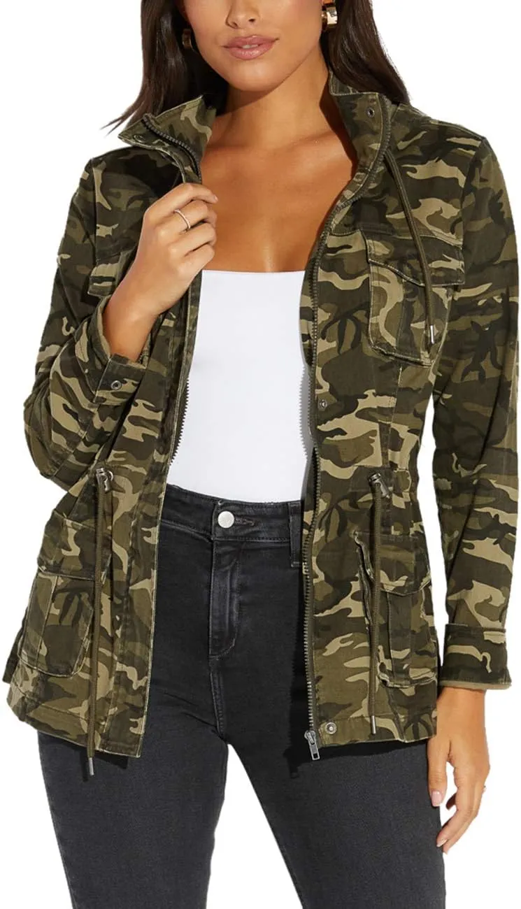 SheKiss Womens Camouflage Shacket Jacket Coats Fashion Fall Long Sleeve Zipper Canvas Camo Jackets with Pockets