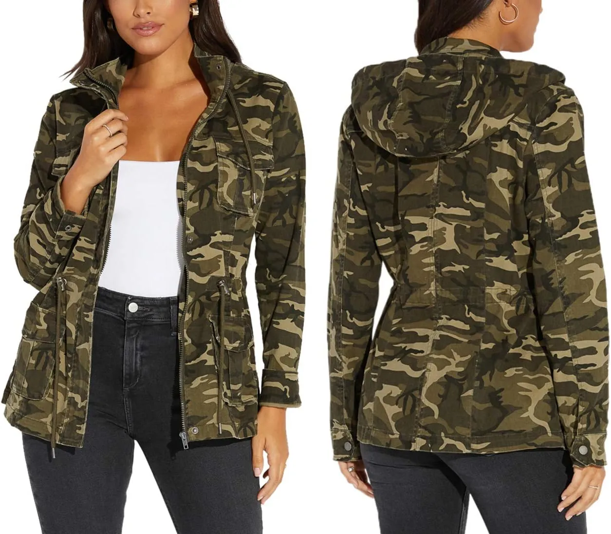SheKiss Womens Camouflage Shacket Jacket Coats Fashion Fall Long Sleeve Zipper Canvas Camo Jackets with Pockets