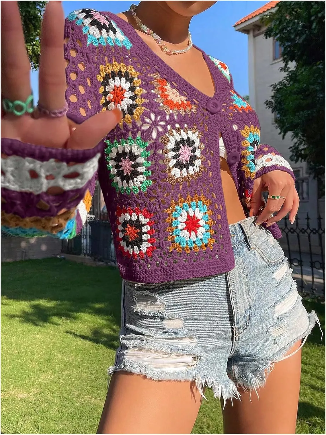 SHENHE Women's Floral Crochet Cardigan Hollow Out V Neck Button Down Long Sleeve Cropped Sweater