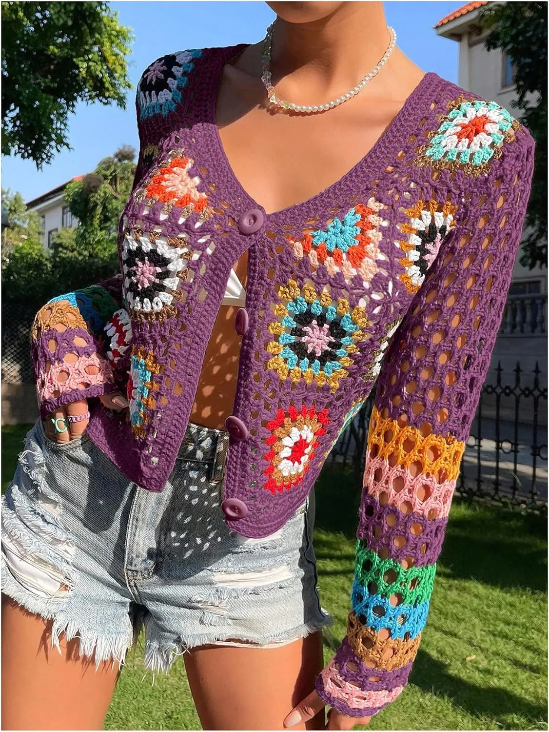 SHENHE Women's Floral Crochet Cardigan Hollow Out V Neck Button Down Long Sleeve Cropped Sweater