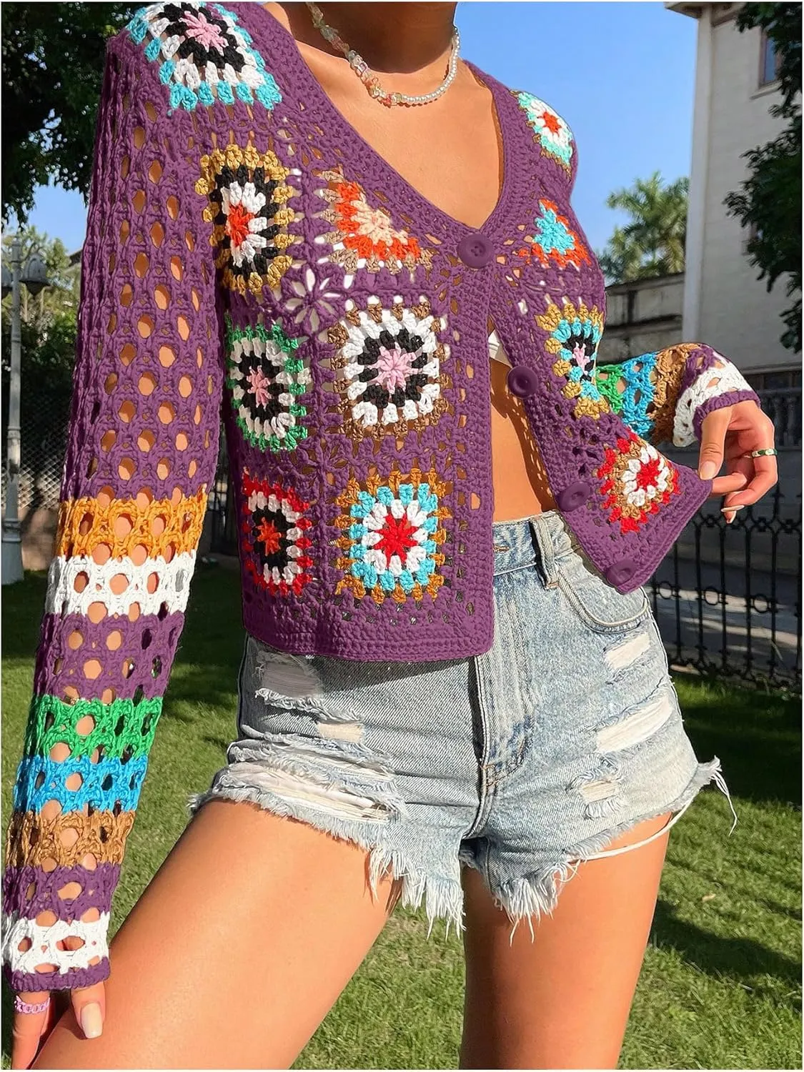 SHENHE Women's Floral Crochet Cardigan Hollow Out V Neck Button Down Long Sleeve Cropped Sweater