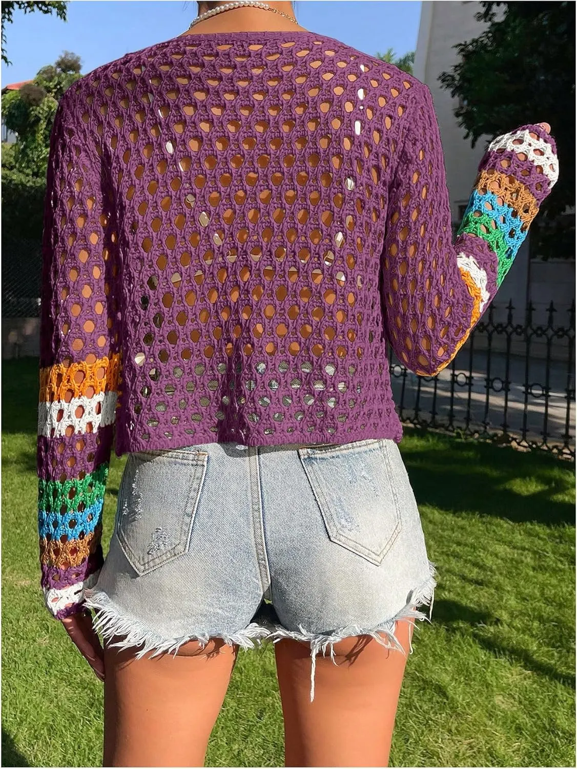 SHENHE Women's Floral Crochet Cardigan Hollow Out V Neck Button Down Long Sleeve Cropped Sweater