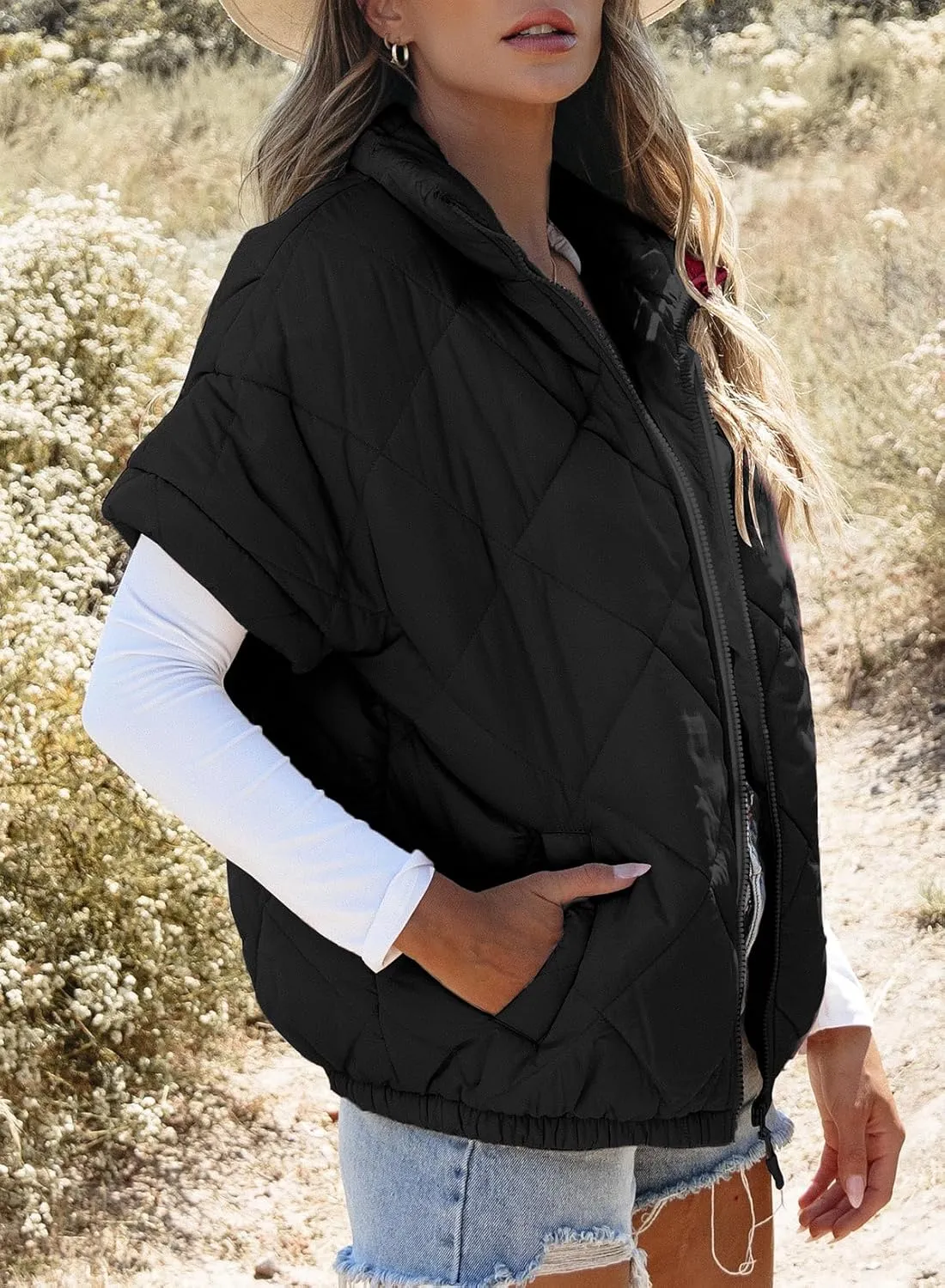 SHEWIN Quilted Jackets For Women 2024 Casual Lightweight Short Sleeve Zip Up Warm Vests