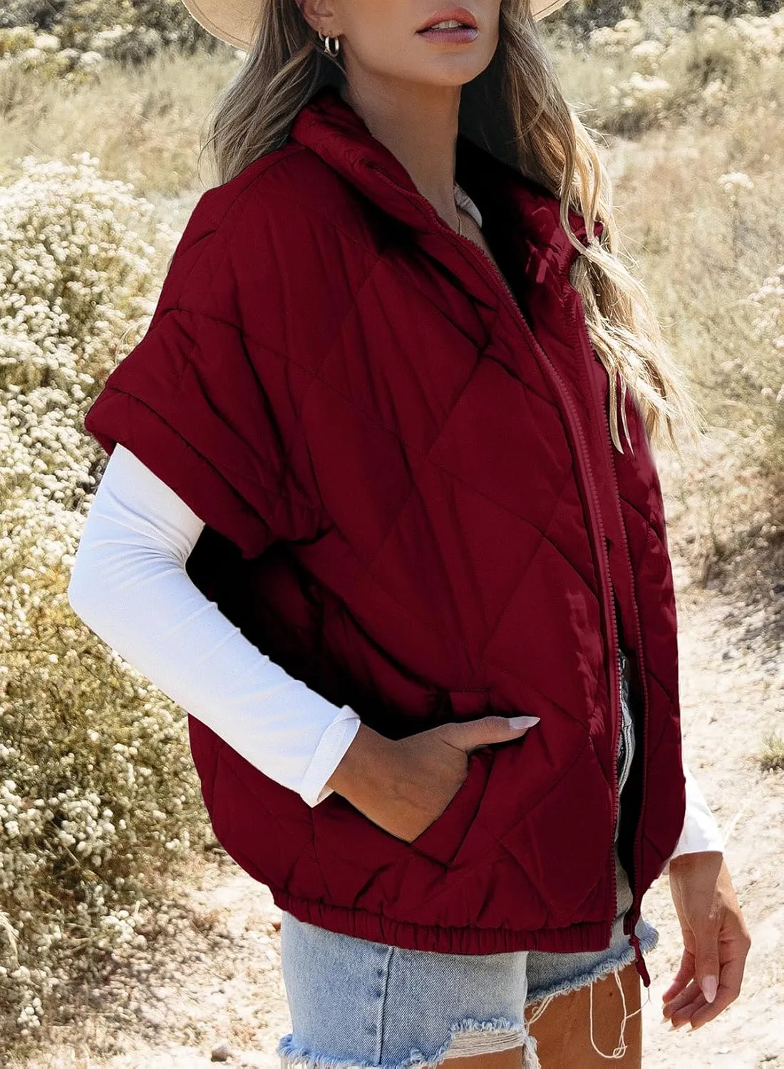 SHEWIN Quilted Jackets For Women 2024 Casual Lightweight Short Sleeve Zip Up Warm Vests