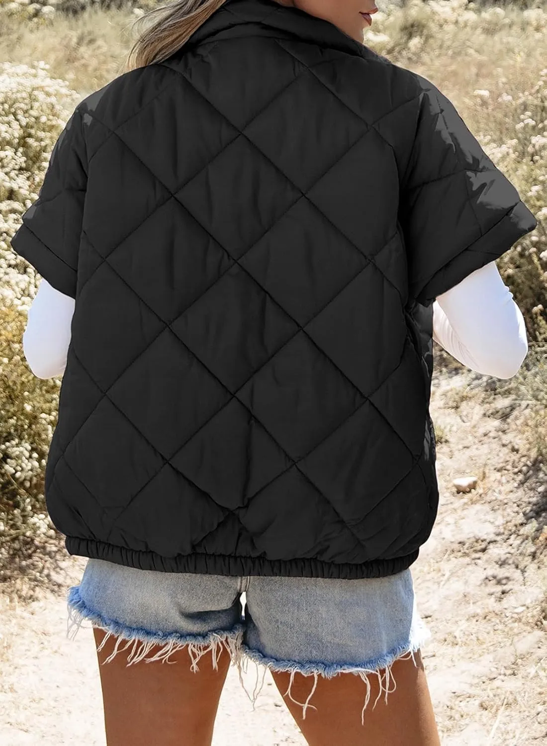 SHEWIN Quilted Jackets For Women 2024 Casual Lightweight Short Sleeve Zip Up Warm Vests