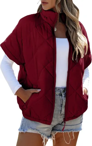 SHEWIN Quilted Jackets For Women 2024 Casual Lightweight Short Sleeve Zip Up Warm Vests