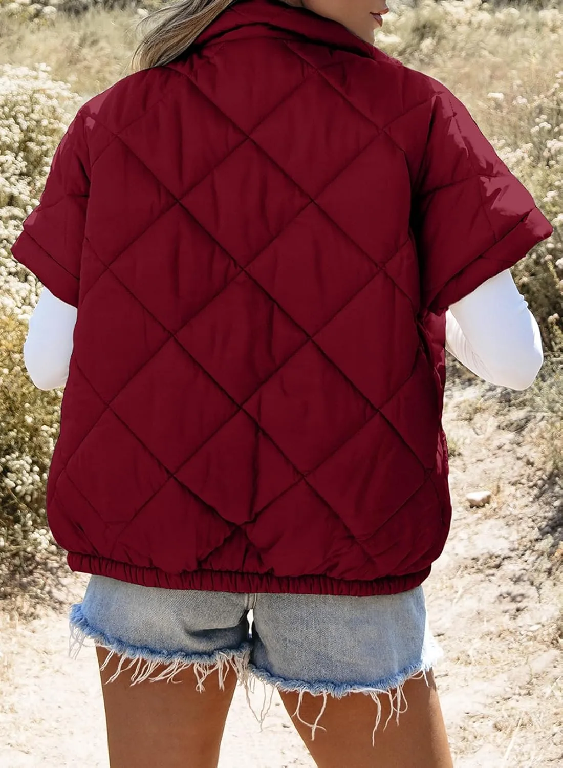 SHEWIN Quilted Jackets For Women 2024 Casual Lightweight Short Sleeve Zip Up Warm Vests