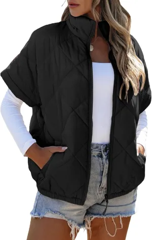 SHEWIN Quilted Jackets For Women 2024 Casual Lightweight Short Sleeve Zip Up Warm Vests