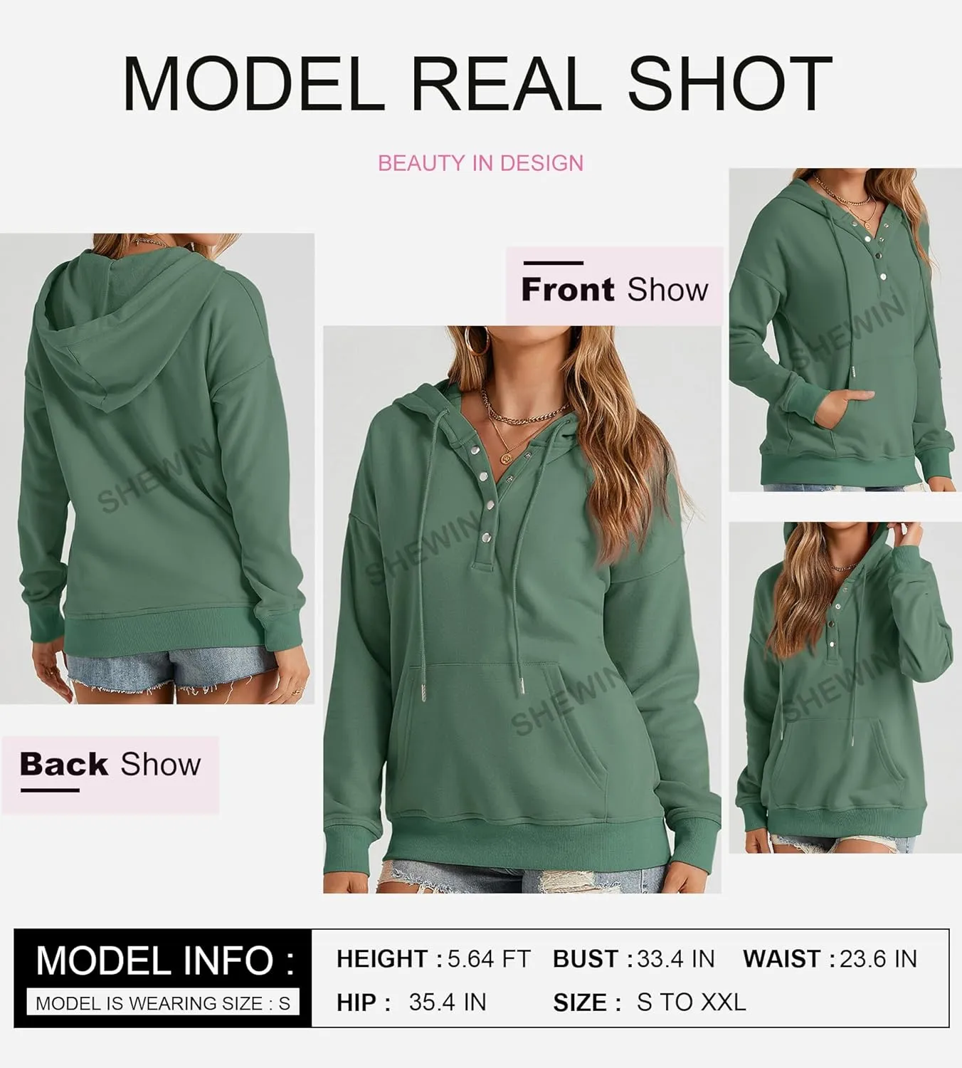 SHEWIN Women's Casual Hoodies Long Sleeve Solid Lightweight Pullover Tops Loose Sweatshirt with Pocket
