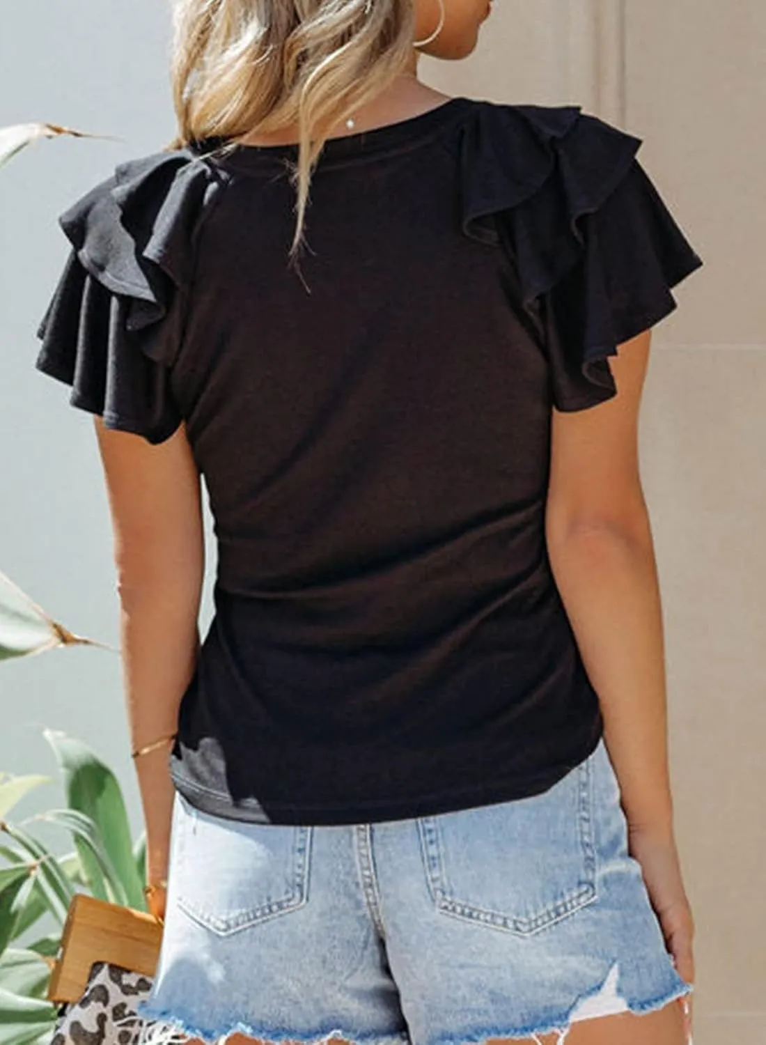 SHEWIN Womens Summer Tops Ruffle Short Sleeve T Shirts Casual Slim Fit