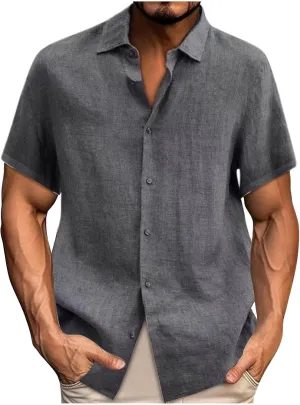 Short Sleeve Button Down Shirt for Men Casual Collared Linen Shirts Vacation Beach Outfits Textured Shirts