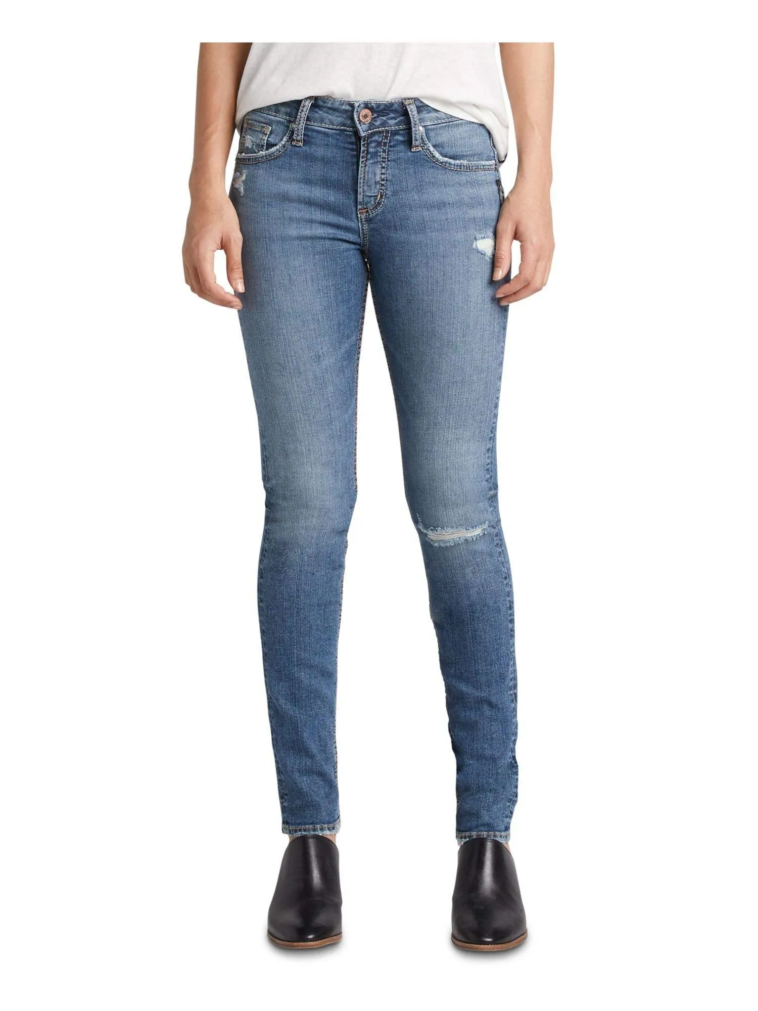 Silver Women's Avery Distressed Indigo 30/29 Curvy High Rise Slim Leg Jeans